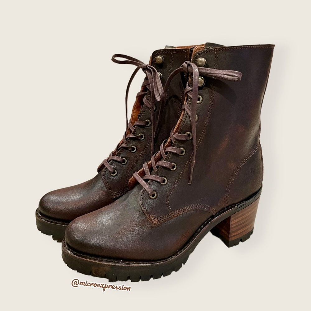$528 Frye Sabrina Moto Brown Lace Up Leather Chunky Lug Heel Combat Ankle Bootie - Picture 11 of 16